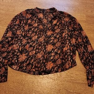 Scotch & Soda Black and Orange Floral Blouse w Layered Cuffs & Neck Tie Closure